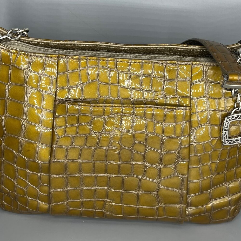 BRIGHTON E248957OLIVE PATENT LEATHER CROCEMBOSSED CHAIN & LEATHER SHOULDER STRAP